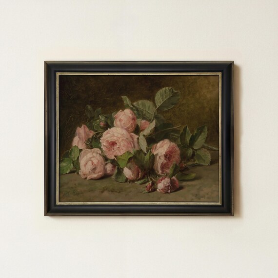 Vintage Pink Roses Painting | Floral Still Life Wall Art | Romantic Botanical Home Decor | Framed Art
