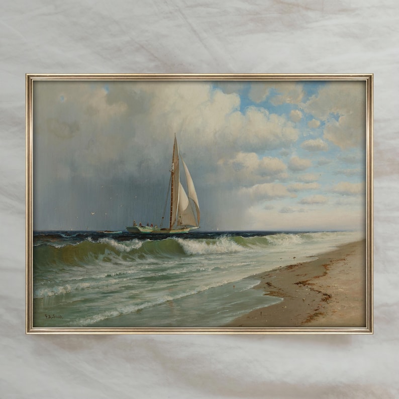 Vintage Coastal Sailboat Painting | Seascape Ocean Artwork | Rustic Nautical Beach Decor | Mailed Print image 5