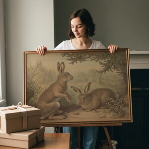 May include: A framed vintage print featuring two brown hares in a naturalistic setting. The artwork has a gold-colored frame and is held by a person. Several wrapped gift boxes are visible on a wooden table.