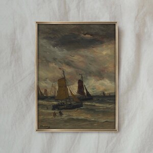 Vintage Moody Seascape Painting | Antique Sailboat Ocean Artwork | Rustic Coastal Wall Decor | Mailed Print image 5