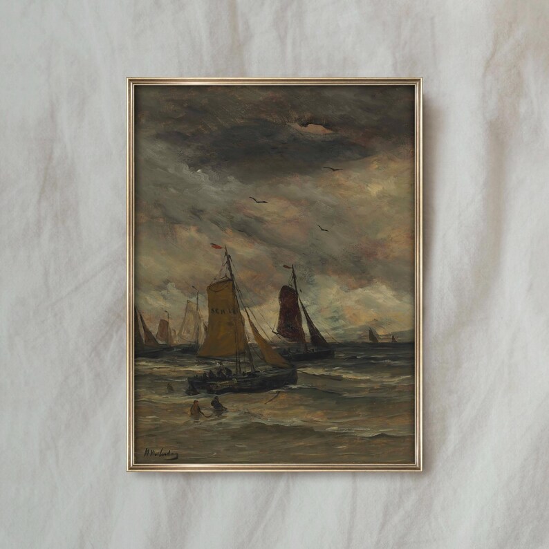 Vintage Moody Seascape Painting | Antique Sailboat Ocean Artwork | Rustic Coastal Wall Decor | Mailed Print image 5