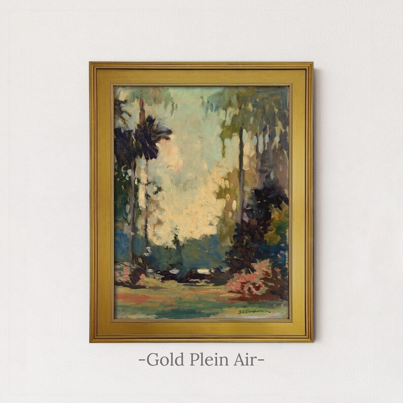 Vintage Woodland Painting | Rustic Landscape Forest Wall Art | Antique Cottagecore Artwork | Framed Art Gold Plein Air
