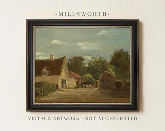 May include: A framed landscape painting titled MILLSWORTH featuring a cottage with a thatched roof, a dirt path, trees, and a haystack under a cloudy sky. The artwork is enclosed in a dark, thin frame with a silver inner border.