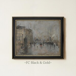 Vintage Rainy City Painting | Antique Street Scene Artwork | Rustic Gray Urban Decor | Framed Art FC Black & Gold