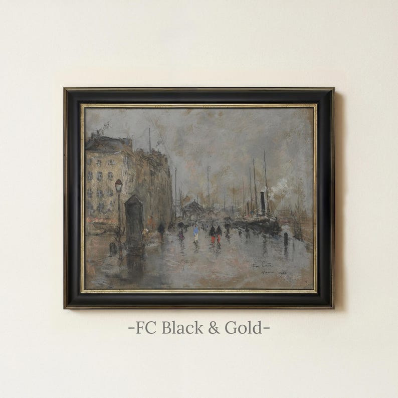Vintage Rainy City Painting | Antique Street Scene Artwork | Rustic Gray Urban Decor | Framed Art FC Black & Gold