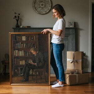 May include: A framed vintage painting depicts a man reading in a library setting. The artwork features a wooden frame and a detailed depiction of bookshelves and a seated figure. The color palette includes warm browns and dark tones, creating a classic aesthetic.