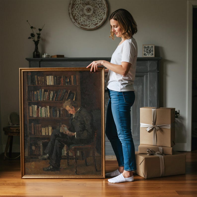 May include: A framed vintage painting depicts a man reading in a library setting. The artwork features a wooden frame and a detailed depiction of bookshelves and a seated figure. The color palette includes warm browns and dark tones, creating a classic aesthetic.