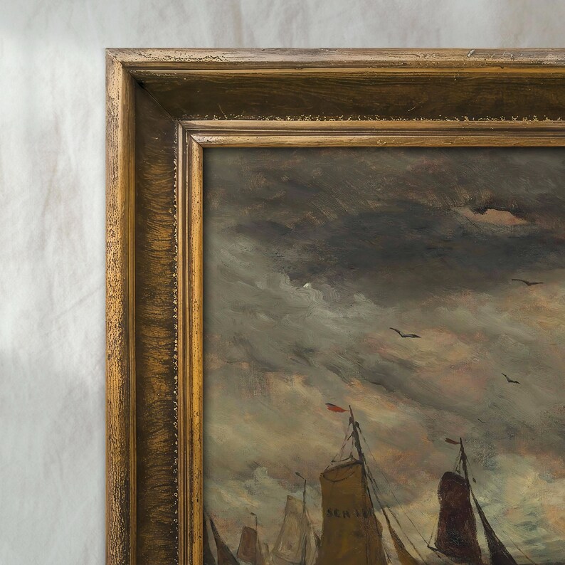 Vintage Moody Seascape Painting | Antique Sailboat Ocean Artwork | Rustic Coastal Wall Decor | Mailed Print image 3