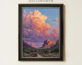 Cloudy Desert Painting | Vintage Southwest Sunset Wall Art | Western Cowboy Home Decor | Canyon Landscape Print | Framed Art