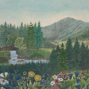 Alpine Wildflower Valley Painting | Vintage Mountain Landscape Wall Art | Botanical Meadow Artwork | Framed Art image 3