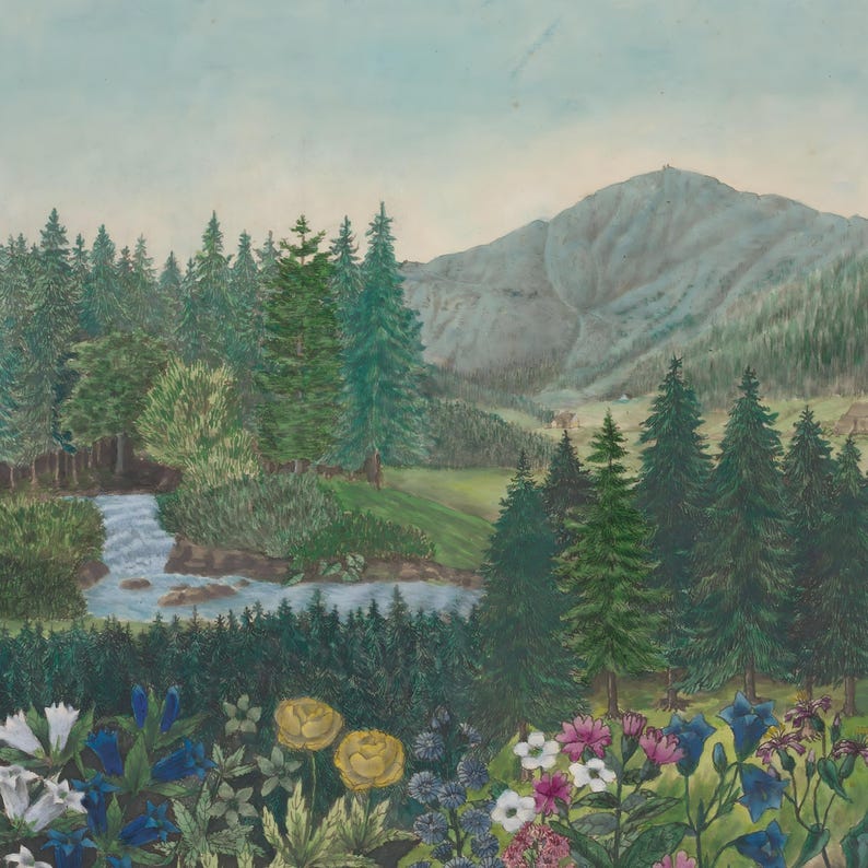 Alpine Wildflower Valley Painting | Vintage Mountain Landscape Wall Art | Botanical Meadow Artwork | Framed Art image 3