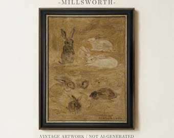 Vintage Bunnies Painting | Rustic Rabbit Wall Art | Animal Nursery Easter Decor | Framed Art