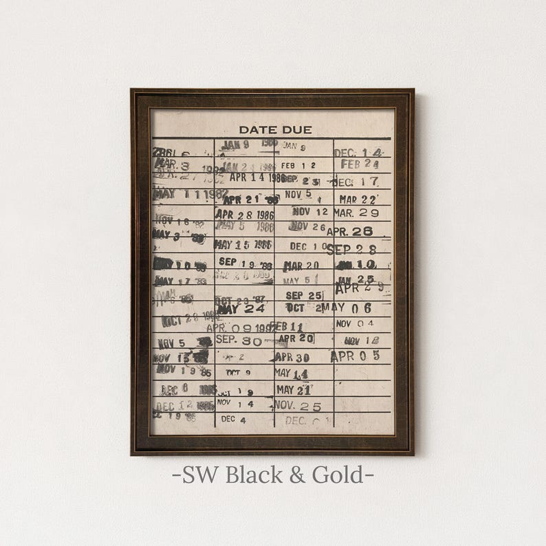 Vintage Library Card Artwork | Retro Book Due Date Print | Antique Library Wall Decor | Cozy Reading Nook Book Lover Wall Print | Framed Art SW Black Gold