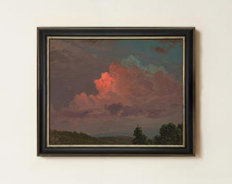 Moody Cloud Painting | Vintage Red Sunset Wall Art | Country Landscape Home Decor | Framed Art