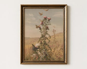 Vintage Thistle Flower Painting | Moody Botanical Wildflower Artwork | Rustic Butterfly Nature Field Wall Decor | Mailed Print