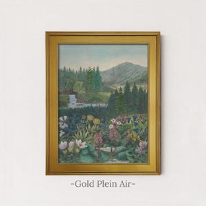 Alpine Wildflower Valley Painting | Vintage Mountain Landscape Wall Art | Botanical Meadow Artwork | Framed Art Gold Plein Air