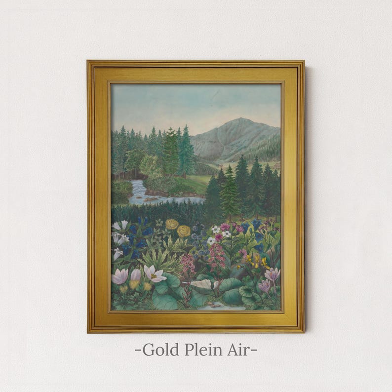 Alpine Wildflower Valley Painting | Vintage Mountain Landscape Wall Art | Botanical Meadow Artwork | Framed Art Gold Plein Air