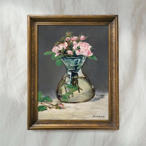Antique Rose Bouquet Painting | Pink Flower Botanical Wall Art | Rustic Floral Still Life Decor | Mailed Print