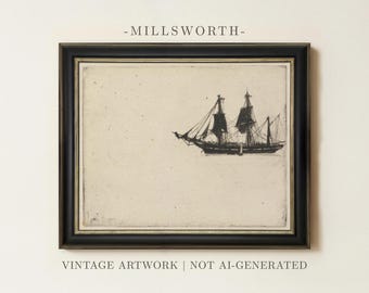May include: A framed print featuring a black ink drawing of a sailing ship on a textured off-white background. The artwork is enclosed in a black frame with gold inner detailing. The text MILLSWORTH appears above the frame, and VINTAGE ARTWORK | NOT AI-GENERATED appears below the frame.
