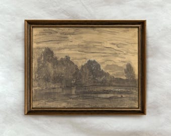 Vintage Landscape Charcoal Drawing | Dark Moody Forest Artwork | Rustic Nature Scene Wall Decor | Mailed Print