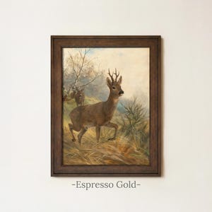 May include: A framed wall art print featuring a painting of a brown deer standing in a grassy field with a smaller deer in the background. The artwork is enclosed in a dark brown wooden frame. Below the frame, the text reads Espresso Gold.