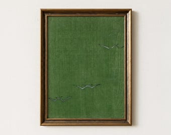 Vintage Green Abstract Painting | Antique Minimalist Bird Wall Decor | Modern Nature Artwork | Mailed Print