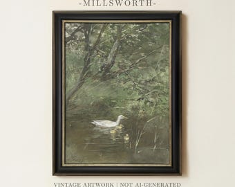 Antique Duck Painting | Vintage Countryside Landscape Wall Art | Farmhouse Nursery Decor | Framed Art