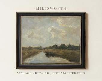 Vintage River Landscape Painting | Antique Country Nature Wall Art | Rustic European Farmhouse Decor | Framed Art