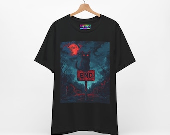 Midnight Cat at The End Dark Aesthetic Tee, Unisex Bella+Canvas Shirt, Gothic Cat Art, Streetwear, Moody Graphic Top, Unique Gift