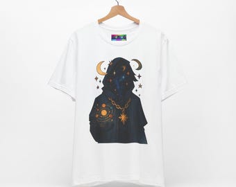 Cosmic Oracle Hooded Galaxy Shirt: Mystical Space Streetwear Tee
