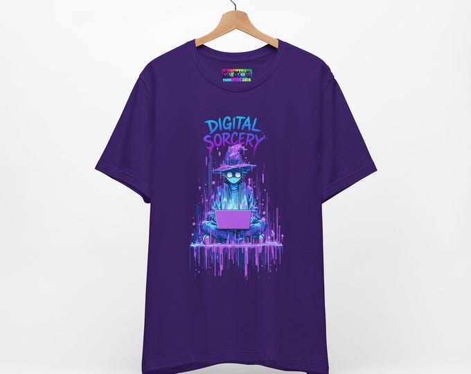 Glitch Art Wizard Tee: Neon Futuristic Streetwear, Unisex Bella+Canvas 3001