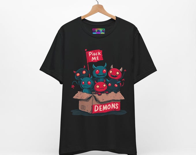 Pieck Me Demons Cute Streetwear Shirt - Funny Cartoon Graphic Tee, Bella+Canvas 3001, Unisex, Playful Mischief, Unique Gift