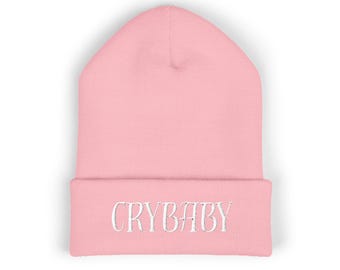 Crybaby Soft Knit Beanie - Streetwear Cuffed Hat with Embroidery - White Text