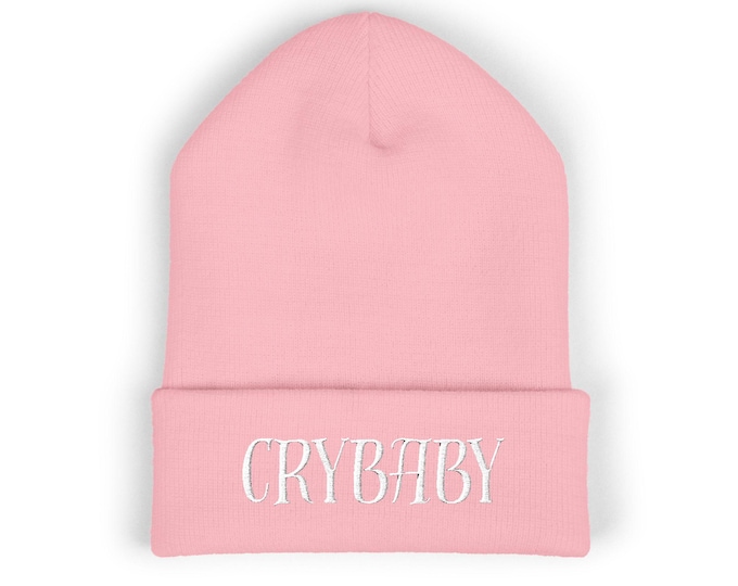 Crybaby Soft Knit Beanie - Streetwear Cuffed Hat with Embroidery - White Text