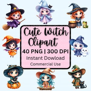 Paquete de imágenes prediseñadas de brujas adorables, 40 archivos PNG, brujitas chibi, chicas de Halloween, brujas kawaii, uso comercial, descarga digital instantánea