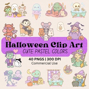 Pastel Halloween Clip art Bundle, Cute Kawaii Ghosts, Pumpkins, Witches, Cute Kids Halloween PNG Files, Soft Graphics for Digital & Print