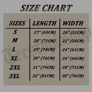 May include: A size chart with the text "SIZE CHART" at the top. The chart lists sizes S to 3XL, with corresponding length measurements from 27 inches (69cm) to 32 inches (81cm), and width measurements from 20 inches (51cm) to 30 inches (76cm).