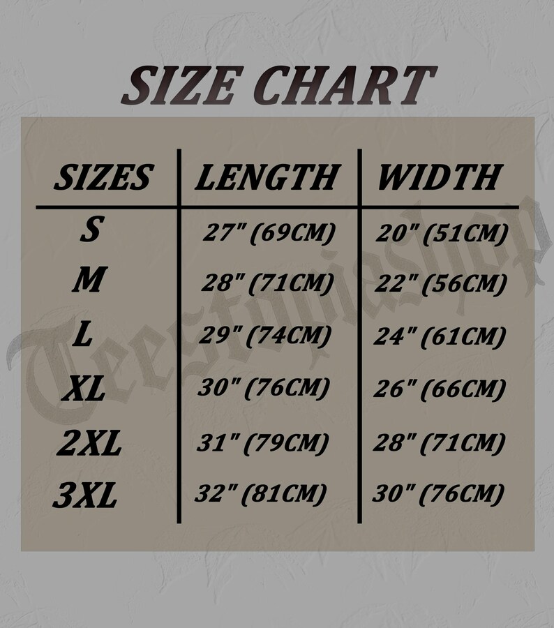 May include: A size chart with the text "SIZE CHART" at the top. The chart lists sizes S to 3XL, with corresponding length measurements from 27 inches (69cm) to 32 inches (81cm), and width measurements from 20 inches (51cm) to 30 inches (76cm).