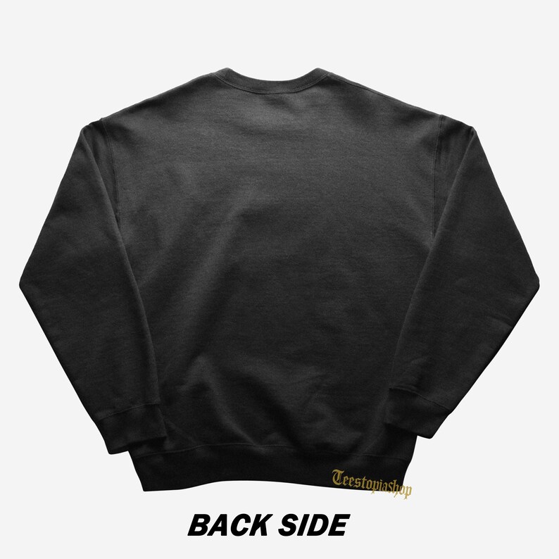 May include: A dark gray sweatshirt with the text "BACK SIDE" in bold, black letters at the bottom. The words "Teestoviashop" are in gold script on the lower right. The sweatshirt is a solid color with a crew neck and long sleeves.
