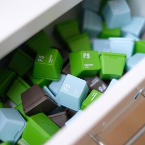 Pu&ograve; includere: Un cassetto pieno di tasti F5 colorati in tonalit&agrave; di verde, blu e marrone. Ogni tasto ha il testo "F5" e "Espresso" stampato sopra. Il cassetto &egrave; bianco con una maniglia argentata. I tasti sono in diverse tonalit&agrave;.