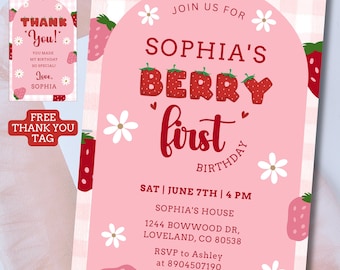 Editable Berry First Birthday Invitation, Red Strawberry 1st Birthday Party, Berry Sweet Girl Birthday, Instant Download, Canva Template