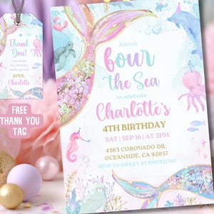 Editable Cute Mermaid 4th Birthday Invitation, Mermaid Bash Under the Sea Birthday Invite, Girl Ocean Party, Instant Download Canva Template