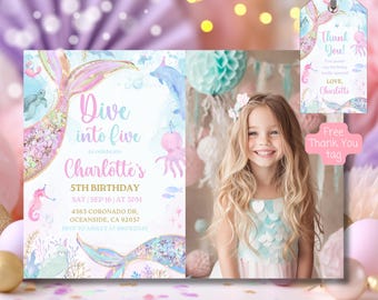 Editable Cute Mermaid 5th Photo Birthday Invitation, Dive into Five, Under the Sea Invite, Girl Ocean Party, Instant Download Canva Template