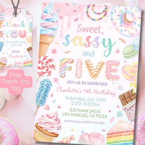 May include: A pastel-colored birthday invitation with the text "Sweet, sassy and FIVE". The invitation includes illustrations of sweets like ice cream, donuts, and candy. A matching thank you tag is also shown.