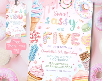 Sweet Sassy Five 5th Girl Birthday Invitation, Candy Land Party, Ice Cream Cupcake Donut Pastel Desserts Invite, Digital Canva Template