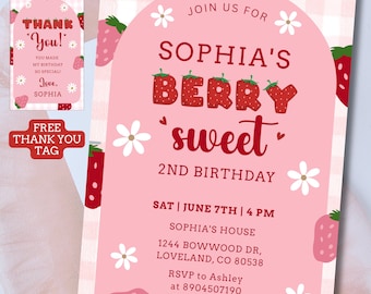 Editable Berry Sweet Birthday Invitation, Red Strawberry First Birthday Party, Berry 1st Girl Birthday, Instant Download, Canva Template
