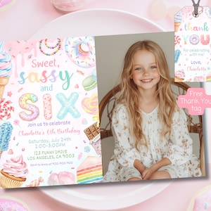 Inbjudan till foto för Sweet Sassy Six, 6-årsfödelsedag för flicka, Candy Land-fest, inbjudan till pastellfärgade desserter med glassmuffins och munkar, digital Canva-mall