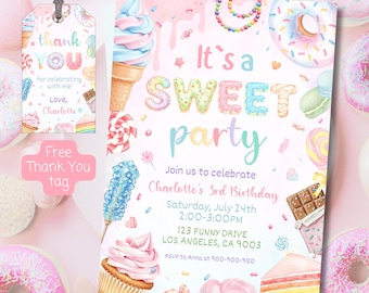 May include: A pink and pastel-colored party invitation with the text "It's a SWEET party." The invitation includes illustrations of ice cream cones, cupcakes, donuts, and candy. A matching gift tag reads "thank YOU" and "Free Thank You tag."
