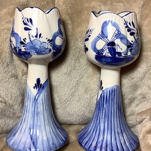 2 Vintage Delft Blue Holland Floral Hand Painted Tulip Candlestick Candle Holder