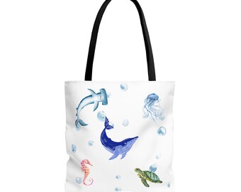 Ocean Life Tote Bag, Beach Bag, Watercolor Marine Art, Eco-Friendly Tote, Whale & Sea Creatures, Perfect for Summer Outings
